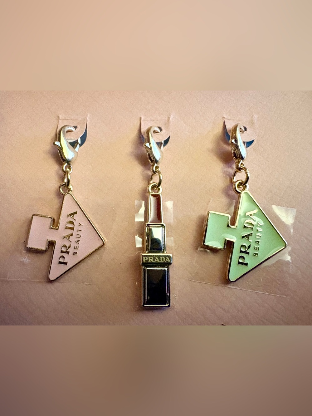 Prada Beauty Charm Set | 3 Bag Charms | Triangle Logo & Lipstick